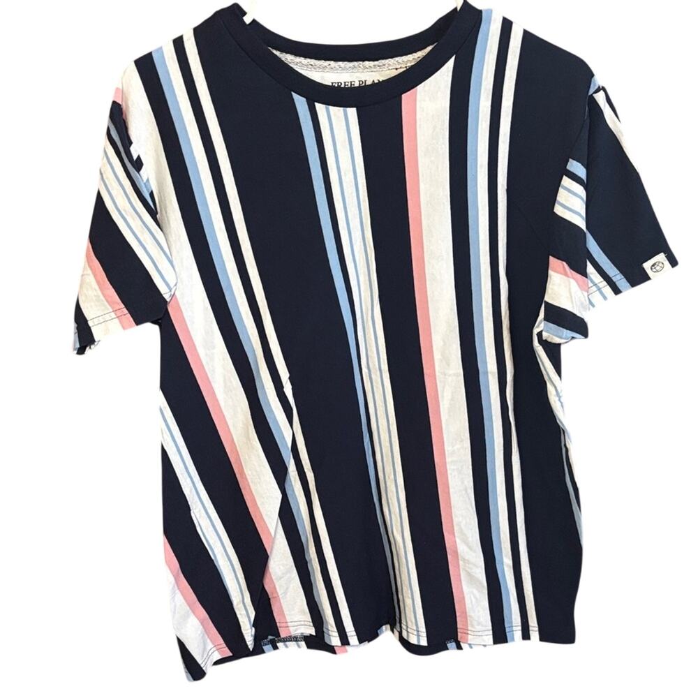 Free Planet Striped Tee Large Navy Blue Pink White Cotton Shirt
